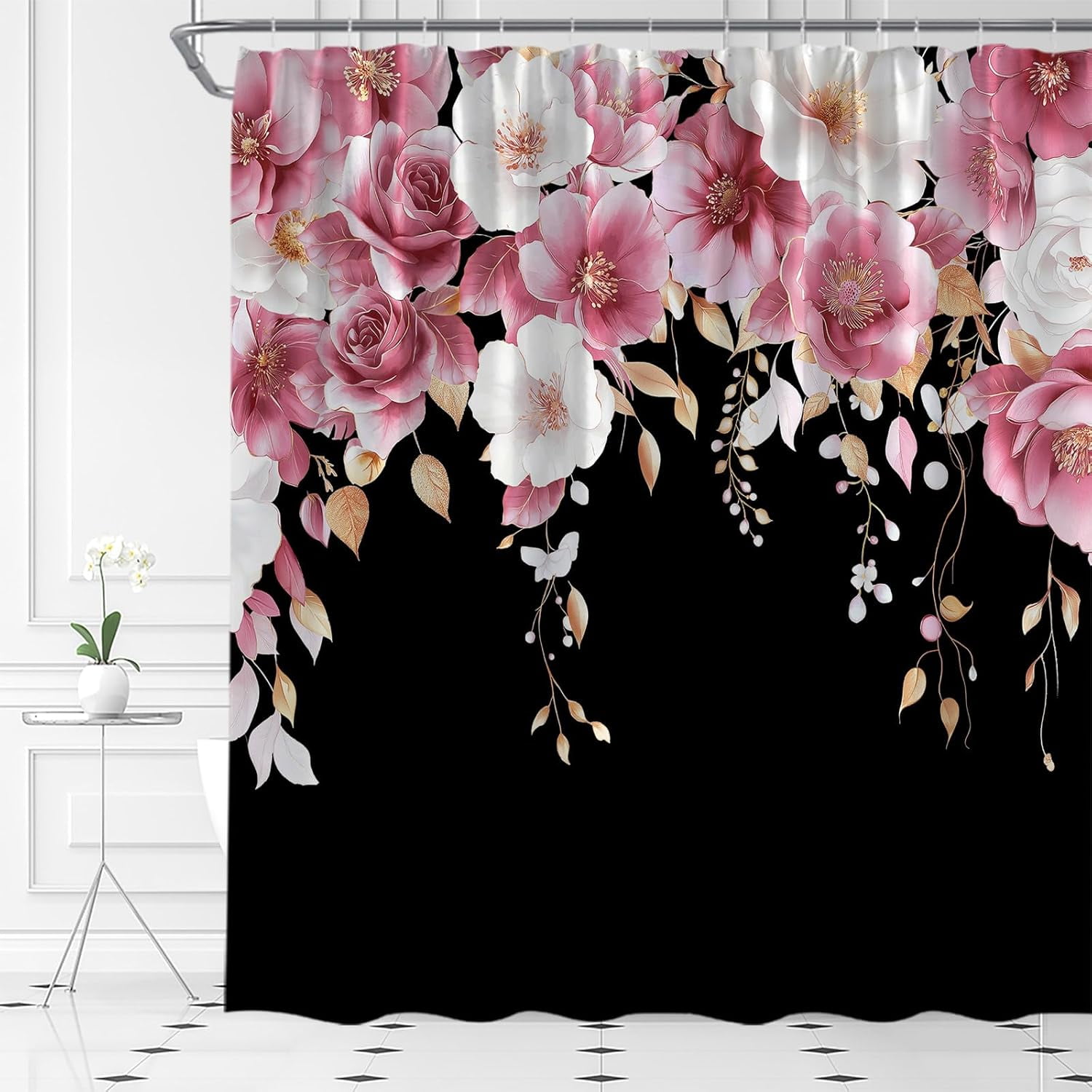 Pink and Black Floral Shower Curtain Pink Flower Watercolor Plant Rose Eucalyptus Leaf Spring Summer Botanical Fabric Bathroom Curtain Set with Hooks 72"W x 72"L (Pack of 1)