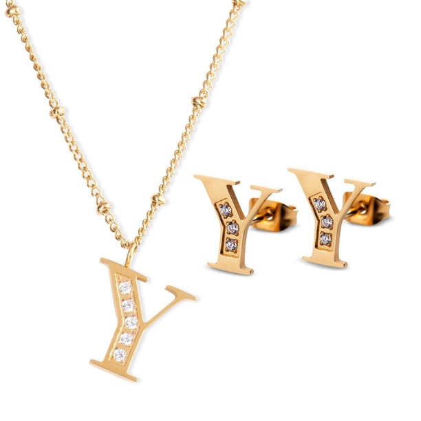 Juego Joyería Mujer, Collar Aretes Inicial Letras LuckyLy, Acero Inoxidable Baño de Oro 18k dorado UNITALLA