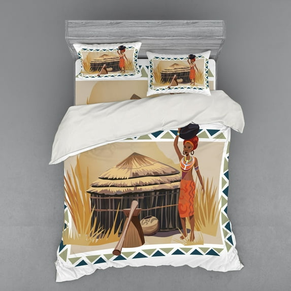 African Duvet Cover Set, Native Lady Carrying a Pot Traditional Savannah Life Graphic, Bedding Set with Shams and Fitted Sheet, 3 Sizes, by Ambesonne