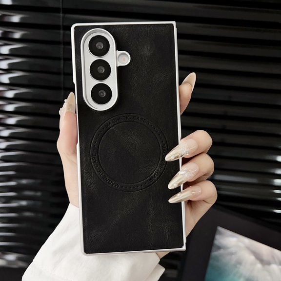 for Samsung Galaxy Z Fold 7 Leather Case, [Compatible with MagSafe] PU Leather   Hard PC Shell Slim Durable Protective Wireless Charging Phone Case Cover for Samsung Galaxy Z Fold 7, Black