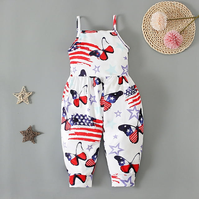 EGNMCR Girls' Jumpsuits & Rompers Girls Children's Summer Independence Day Romper Sling Sleeveless Backless Short Jumpsuit Kid Rompers
