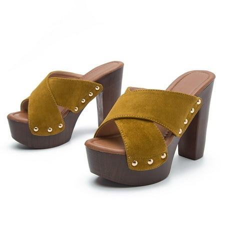 

Sunvit Womens Heeled Sandals- Casual New Style Flock Thick Heels Sexy Square Heels Summer Sandals #155 Yellow-6