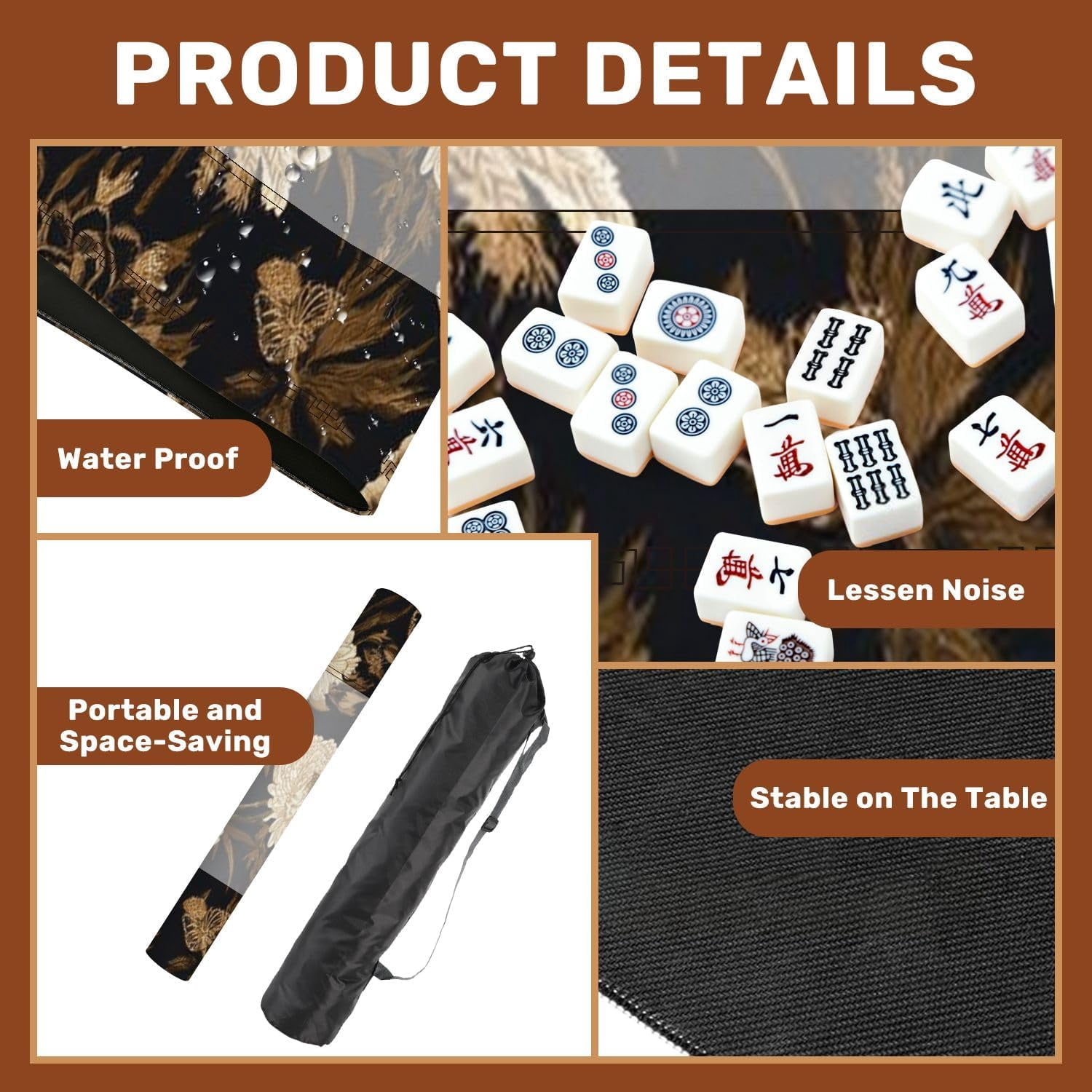 Mahjong Mat 31.5" x 31.5" Luxury Ornate Shimmering Glittering Gold Color Black Seamless Garden Non-Slip Noise Reduction Mahjong Tiles Table Cover for Dominoes Poker Card Board and Tile Games