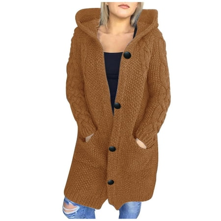 

Women Cable Knit Sweater Chunky Cardigans Open Front Button Long Seelve Hooded Top Winter Coat