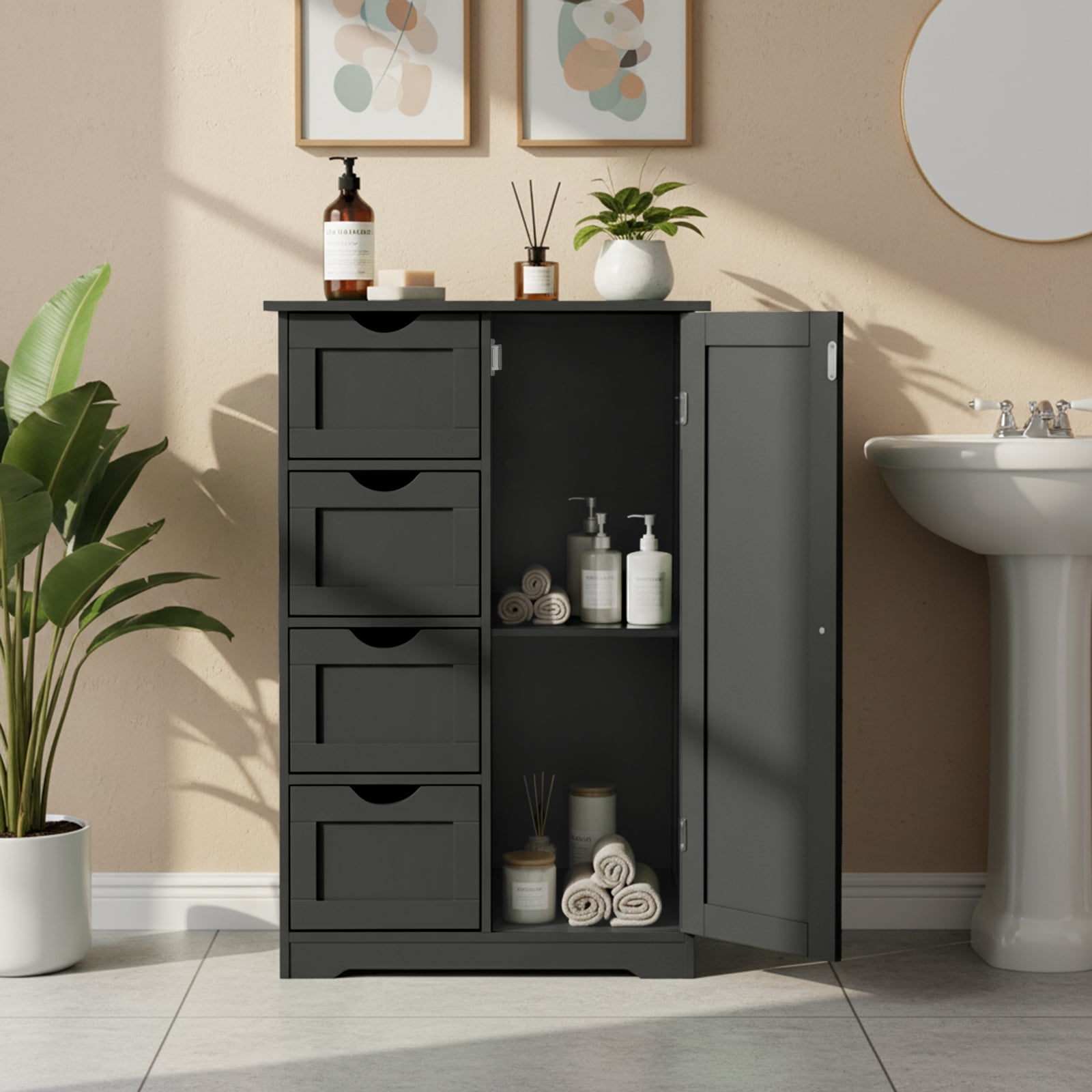 Ktaxon Wooden Bathroom Floor Cabinet, Side Storage Organizer with 4 Drawers, 1 Cupboard & 2-Shelves, Black