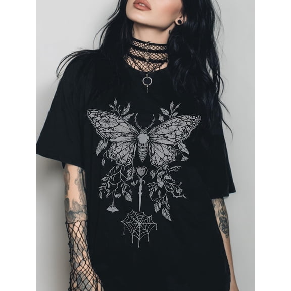 Wo Gothic Dark Aesthetic Skull Moth Graphic Vintage Grunge Y2k Cotton Men's Women's Unisex T-Shirt