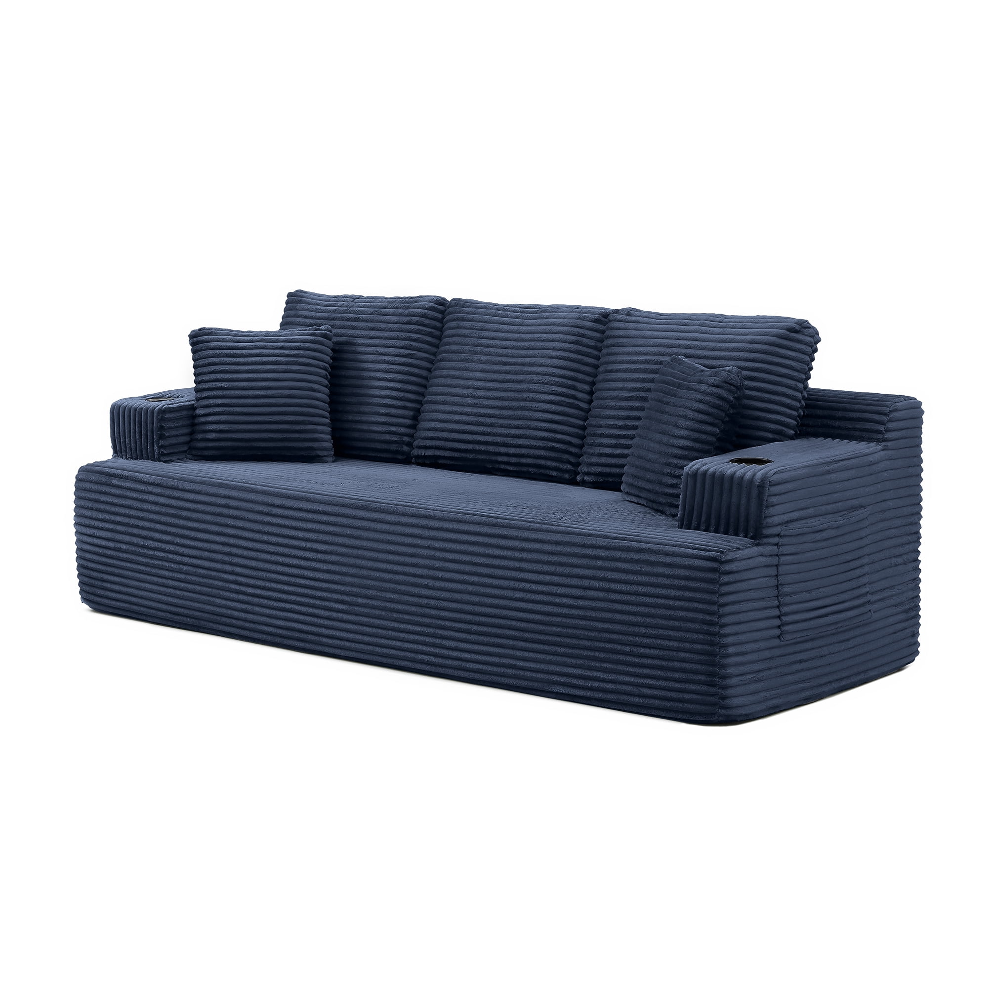 Boneless Sofa, 3-Seater Floor Couch with Cup Holders and Side Pockets, Corduroy Fabric No Assembly Sofa for Living Room or Dorm, 86.2 Inch, Blue