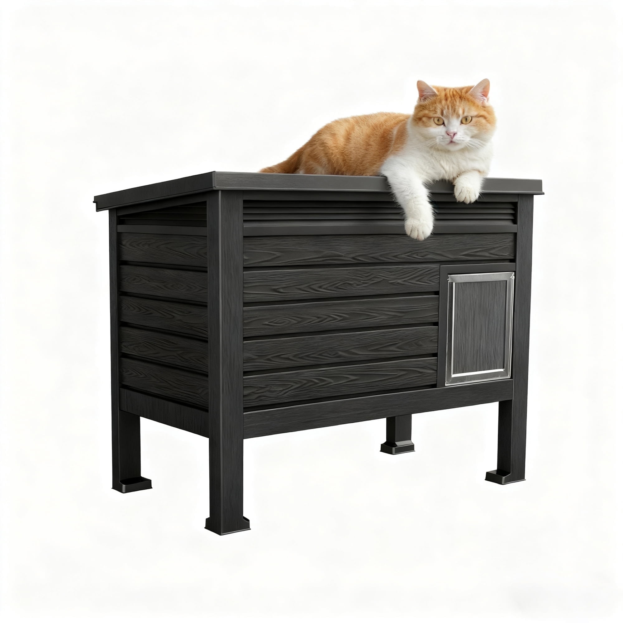 Decksplore Outdoor Cat House (31"x26.7"19"), 100% Insulated, Weatherproof HDPE Feral Cat Shelter with Raised Floor (Black)