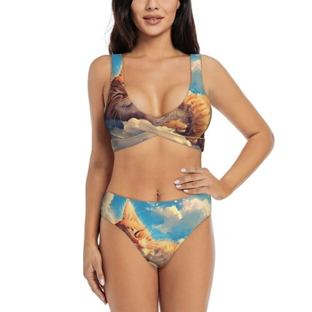 Zeuib Cloud Sleeping Cat High Waisted Tummy Control Bikini Set - Knot Front Push Up Top & Cheeky Thong Bottom  Two-Piece Swimsuit for Women-Large