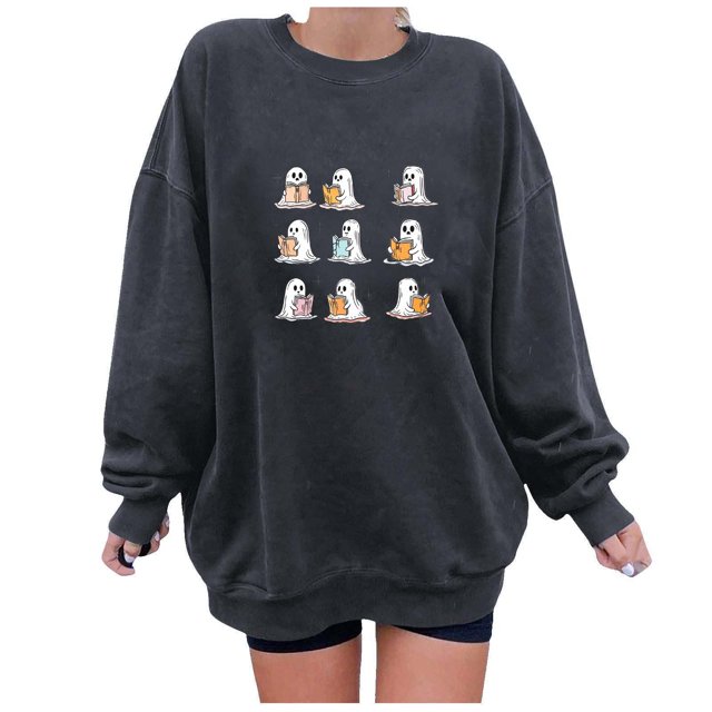 Rbaofujie Chandails pour Femmes Automne Mode Imprimée Blouse Ample à Manches Longues Col Rond Chandails en Molleton Sans Capuche Gris Chandail à Capuchon pour Filles