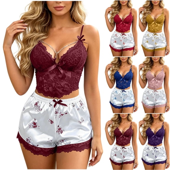 YHAJDS Womens Cami Pajama Sets Deep V Neck Lace Trim Spaghetti Strap Top With Elastic Waist Shorts 2 Piece Loungewear Set