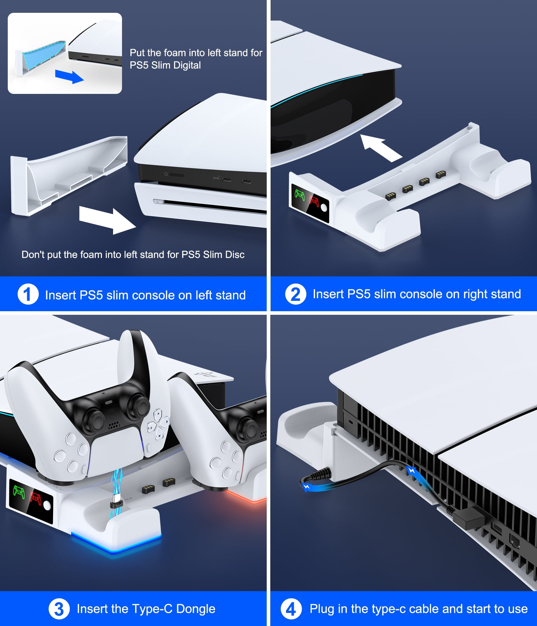 PS5 Slim Horizontal Stand Station with Controller Charger for Playstation 5 Pro/PS5 Slim Digital & Disc Console with Fast Charging