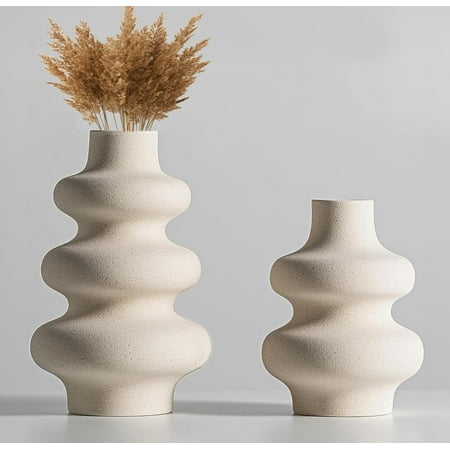 HBlife Ceramic Vase Set of 2, Unique Decorative Flower Vase for Modern Table Shelf Home Decor, Off White Minimalist Nordic Boho Vase for Centerpieces Flower Bouquet, Pampas Grass