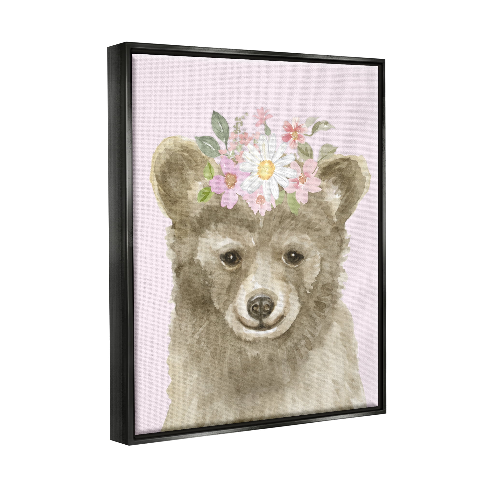 Stupell Industries Floral Bear on Pink Animals & Insects Painting Black Floater Framed Art Print Wall Art, 17 x 21