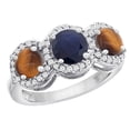 thumbnail image 1 of 10K White Gold Natural High Quality Blue Sapphire & Tiger Eye Sides Round 3-stone Ring Diamond Accents, size 10, 1 of 2