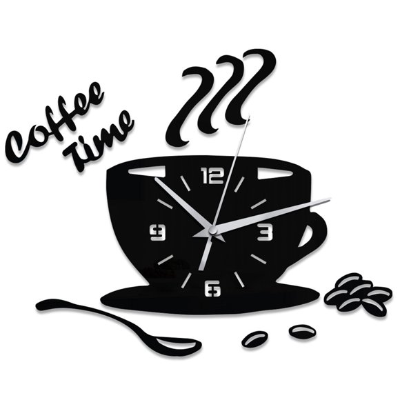 Wweixi Acrylic Dial Guartz Wall Clock Non-ticking Coffee Cup Clock Living Room Bedroom Office Decor black