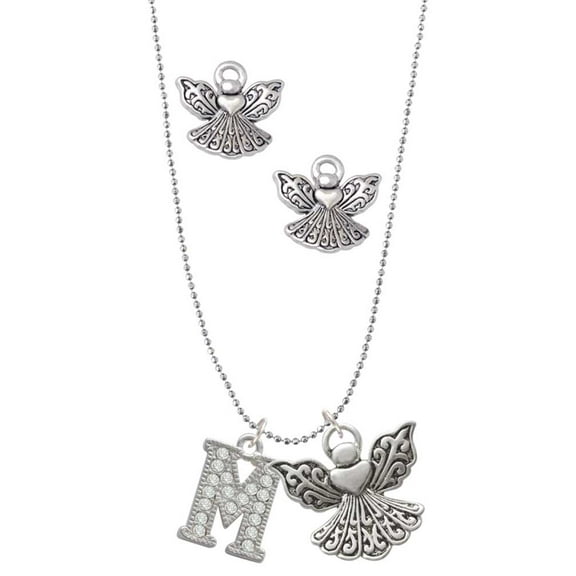 Delight Jewelry Silvertone Crystal Initial - M - Silver tone Guardian Angel Charm Necklace and Stud Earrings
