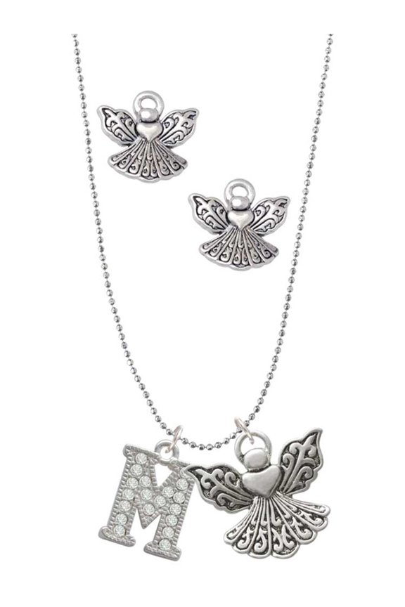 Silvertone Crystal Initial - M - Silver tone Guardian Angel Charm Necklace and Stud Earrings