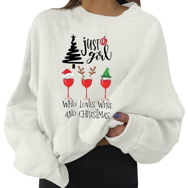 Gibobby Sudaderas de Navidad para mujer Sudadera con estampado navideño para mujer, de cuello redondo informal, camisa holgada, Tops ligeros(Blanco,XG)