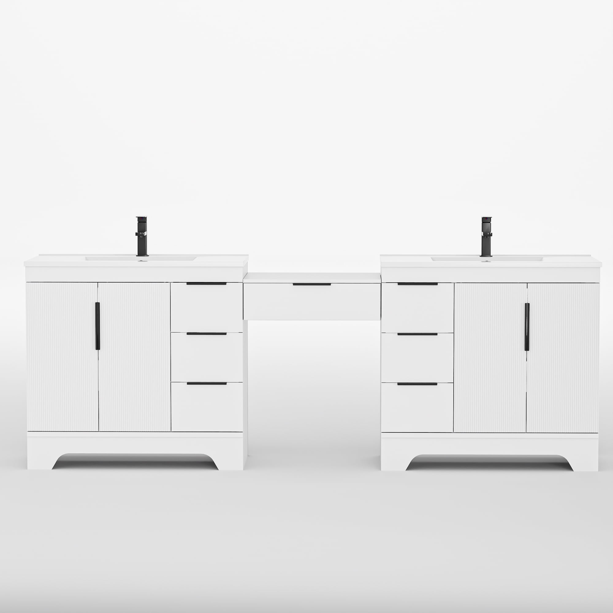Eclife 96'' Bathroom Vanity with Double Integrated Sink, Wall-Mounted Makeup Table, Soft-Close Doors