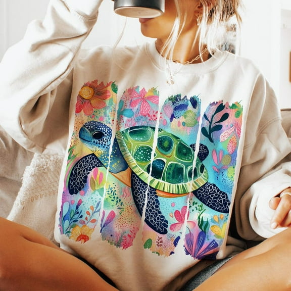 Boho Floral Sea Turtle Sweatshirt, Summer Toddler Pullover, Beach Nautical Sweater, Fisherman Aesthetic Top, Cute Kids Summer Shirt