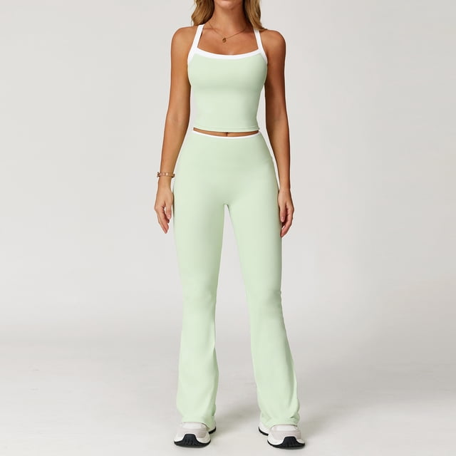 AEXTO Two Piece Color Block Womens Workout Sets Cross Back Tank Top Matching High Waist Wide Leg Leggings Sets Gym Outfits Activewear