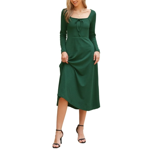 INSPIRE CHIC Square Neck Dress for Women Long Sleeve A-Line High Waist Knitted Dresses with Pocket XS Dark Green