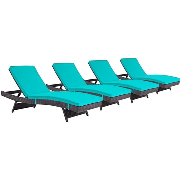 Pemberly Row Modern Rattan Outdoor Chaise in Espresso/Turquoise (Set of 4)