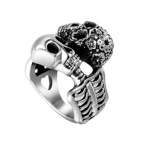 PAMTIER Vintage Men's Stainless Steel Cool Double Skull Head Punk Biker Ring Demon Devil Skeleton Body Silver Size 7