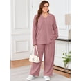 thumbnail image 2 of SHOWMALL Plus Size Pajamas for Women, 2 Piece Pajama Set, Cozy Ribbed Fleece Long Sleeve Henley Top & Wide Leg Lounge Pants, Cozy Weekend Loungewear, Pink, 2 of 10