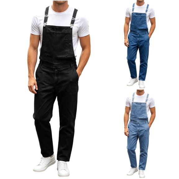 Men's Denim Bib Overall Jean Romper Trousers Adjustable Strap Workwear Slim Fit Jumpsuit with Big Tool Pocket Size 3XL Black