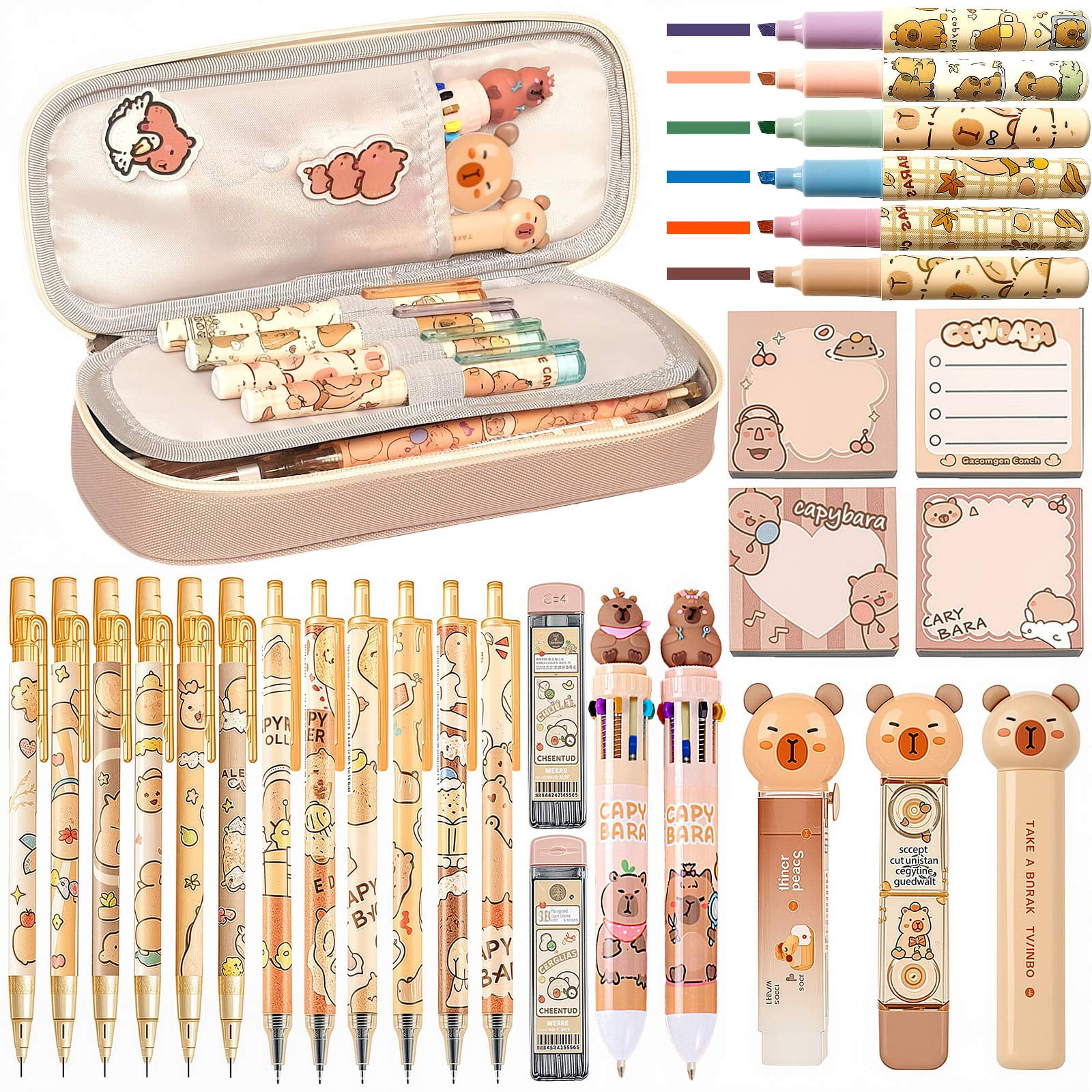 Cute Capybara Stationery Set Includes Gel Pens Pencil Eraser A5