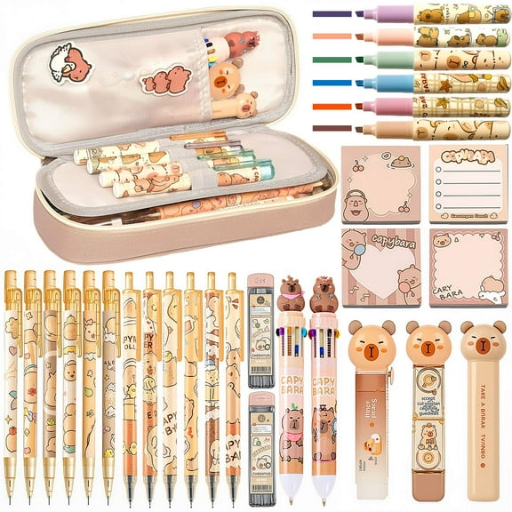 Cute Capybara Stationery Set, Kawaii Stationery Christmas Birthday Gifts,Includes Ballpoint Pens,Eraser, Mechanical Pencils,Correction Tape,Gel Pens,Scissors,for Office Home Supplies