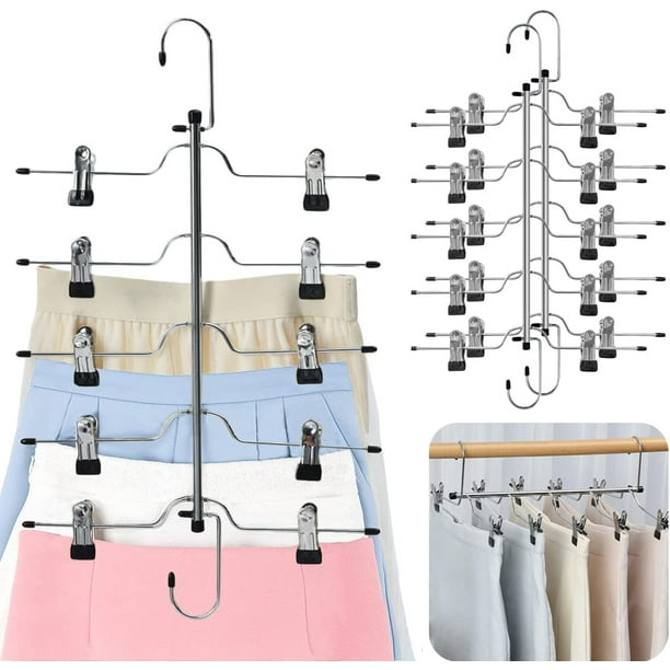 Perchas para faldas Perchas para faldas de metal de 5 niveles que ahorran espacio con clips, perchas duraderas y resistentes para pantalones, organizador de armario para jeans, pantalones cortos