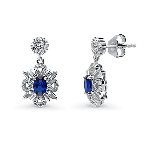 BERRICLE Sterling Silver Flower Simulated Blue Sapphire Cubic Zirconia CZ Halo Anniversary Dangle Drop Earrings for Women, Rhodium Plated