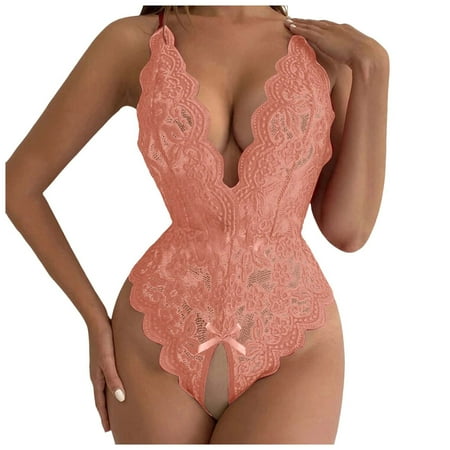 Women Sexy Underwear 1 Piece Sexy Crotchless Lingerie for Women Orange Snap Crotch Lingerie M