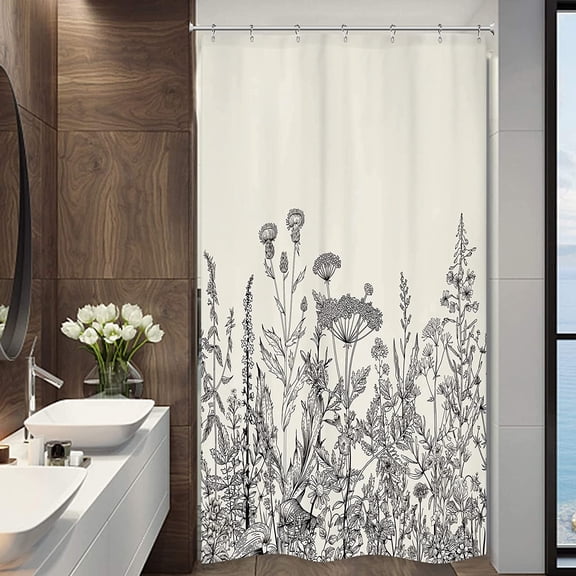 Stall Wildflower Small Half Shower Curtain 36Wx72H Inch Farmhouse Flower Botanical Floral Plant Herbs Vintage Decor Bathroom Windows Fabric Polyester Waterproof 7 Pack Plastic Hooks