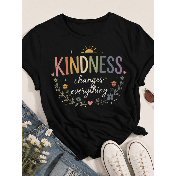 Women's Inspirational Graphic T-Shirt, Kindness Changes Everything Floral Print Tee, Casual Short Sleeve Crew Neck Summer Top, Soft Everyday Shirt