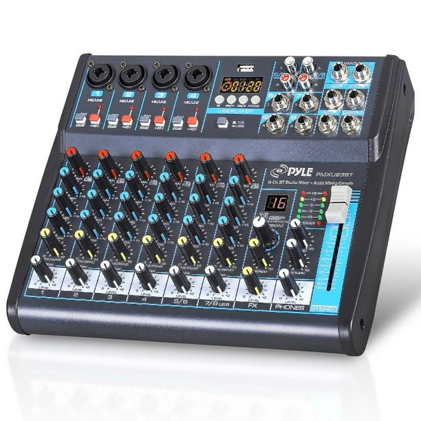 Pyle Mezclador de audio profesional Tablero de sonido Consola Interfaz del sistema de escritorio 8 canales USB digital Bluetooth MP3 Entrada de computadora 48 V Phantom Power Estéreo DJ Studio FX Proc