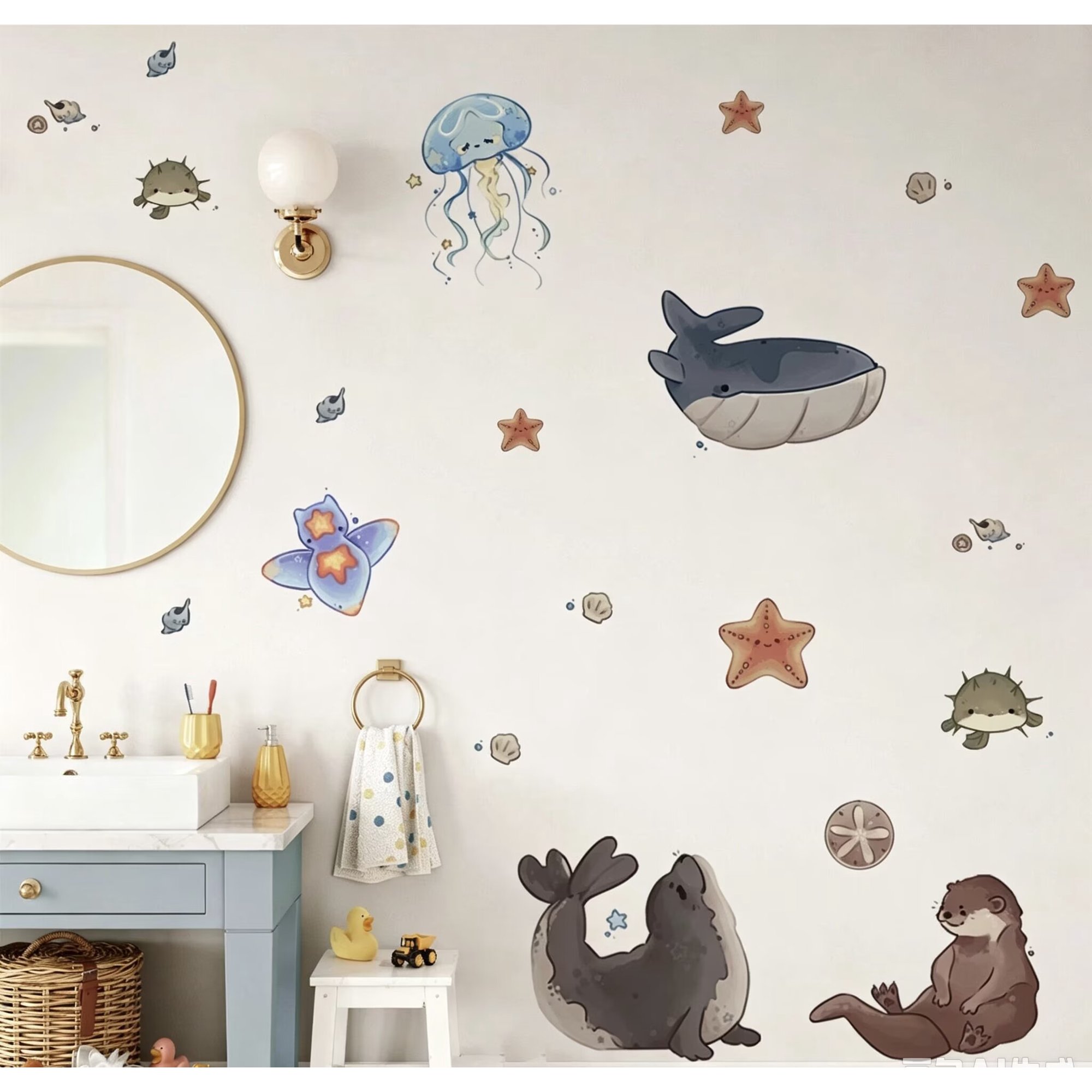 Under The Sea Ocean Animal Wall Decal, Whale Turtle Octopus Peel and Stick Wall Sticker, Waterproof Sea Creature Vinyl Mural for Kids Bathroom Nursery Decor