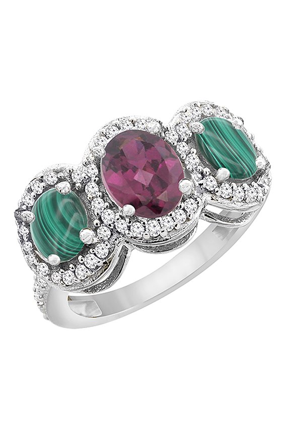 10K White Gold Natural Rhodolite & Malachite 3-Stone Ring Oval Diamond Accent, size 5.5