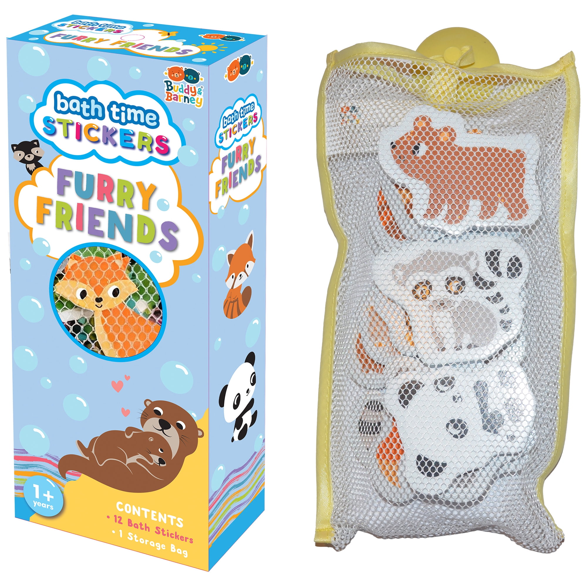Buddy & Barney: Bath Time Stickers - Furry Friends - 12 Reusable Chunky Foam Pieces, Land & Water Animals, Mesh Storage, Water Tub Toy, Kid-Toddler 1+