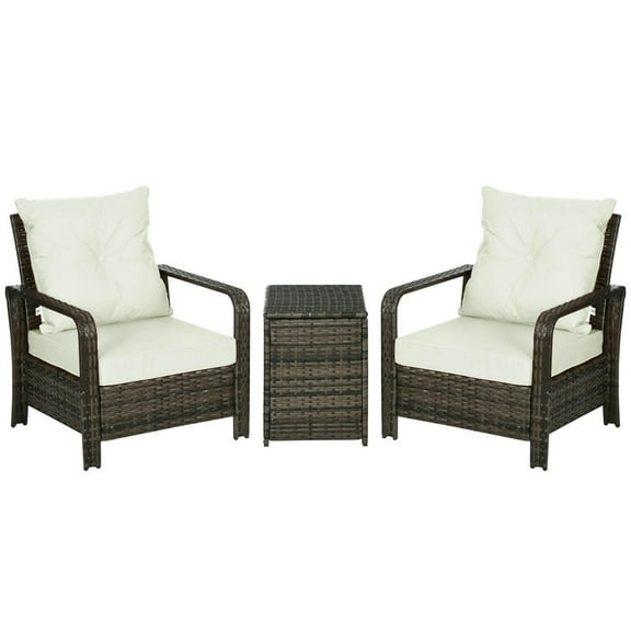 GVN Outdoor Seating Sets,Garden Conversation Sets,3 Piece Patio Furniture, PE Wicker Storage Table & Chairs, Beige