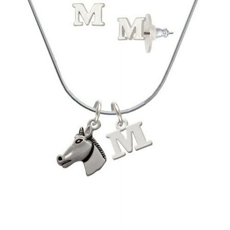 Horse Head – M Initial Charm Necklace and Stud Earrings Jewelry Set