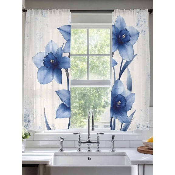 Blue Spring Floral Sheer Curtains for Living Room Bedroom Summer Botanical Wildflower Garden Sheer Curtains 63 Inch Long 2 Panels Set Light Filtering Curtain Window Treatments Drapes for Dining Room