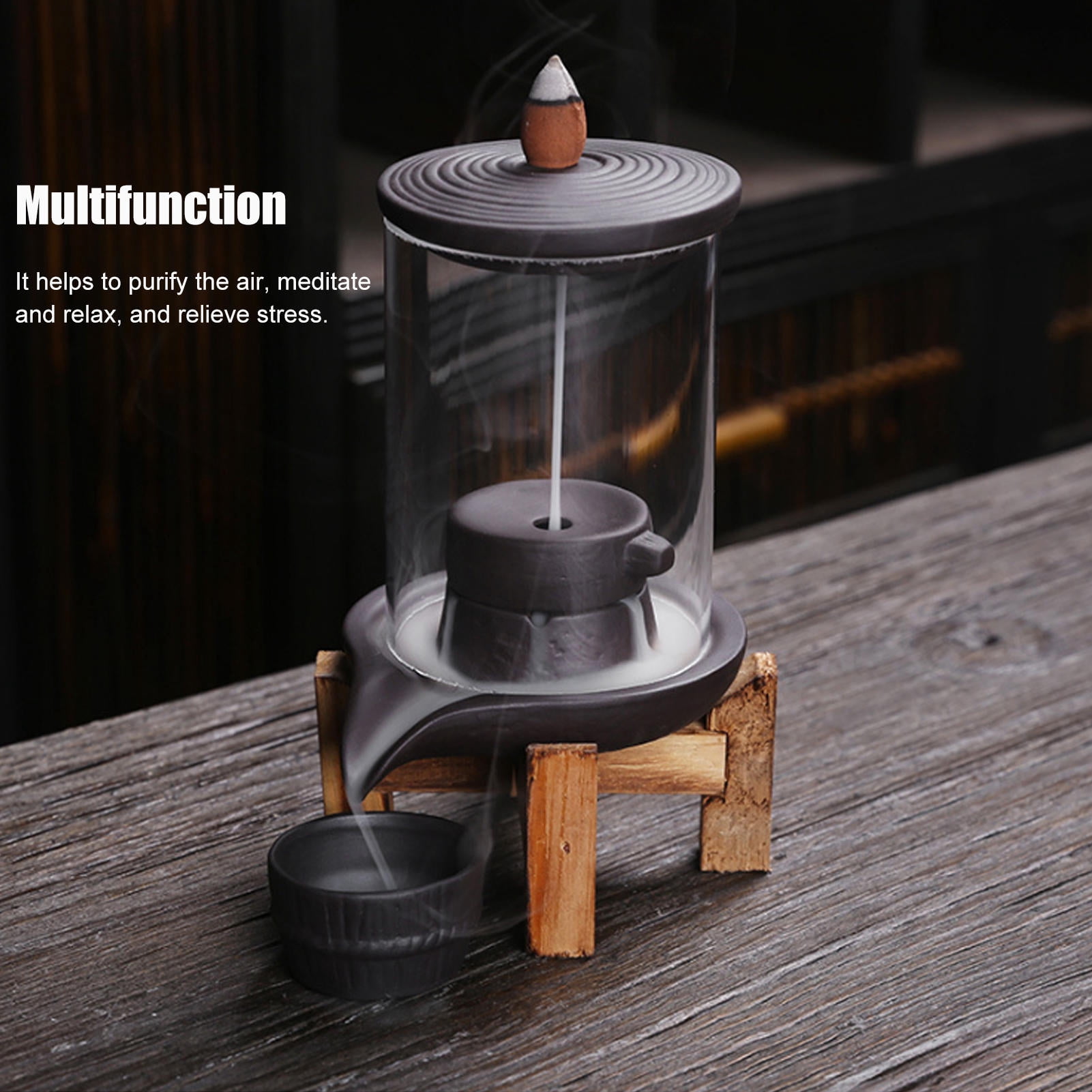BIMZUC Buddhist Cone Backflow Incense Burner Ceramic Smoke Waterfall Holder For Living Room Decor Feng Shui Decoration, Black, 6.9 inches / 17.5 cm