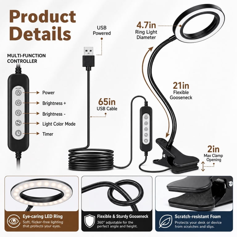IJIL LED Clip Desk Lamp, 3 Color Modes & 10 Brightness photo 4