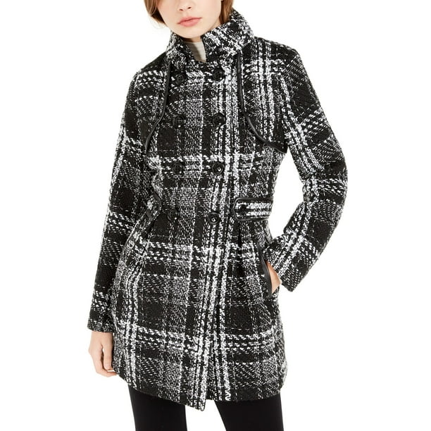 BCX Juniors' Plaid Double-Breasted Belted Coat, Black/White Medium - NEW -  Walmart.com