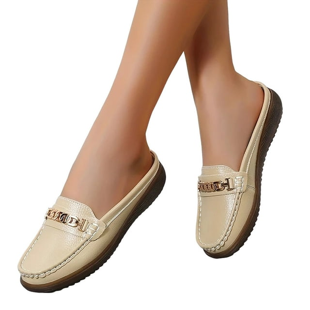Mepaouo Mules pour Femmes Chaussures Plates Confortables à Enfiler Ballerines Mule pour Femmes Chaîne en Métal Mocassins Sans Arrière