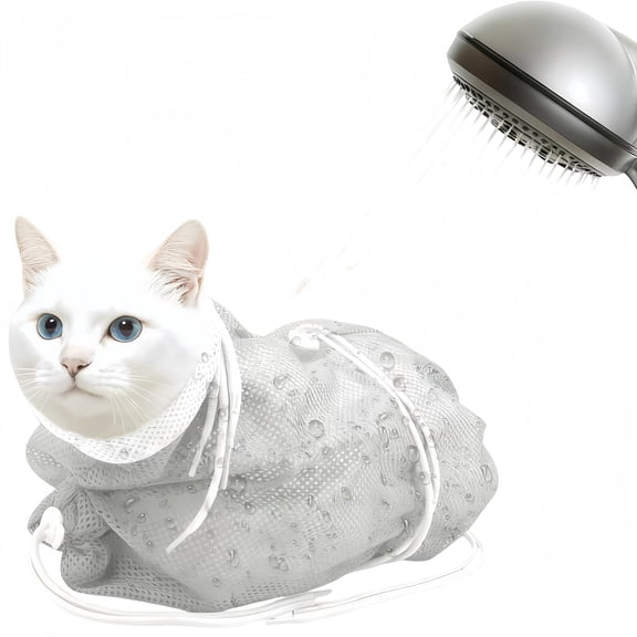 Breathable Mesh Cat Bathing Bag Gray and White Adjustable Grooming Bag